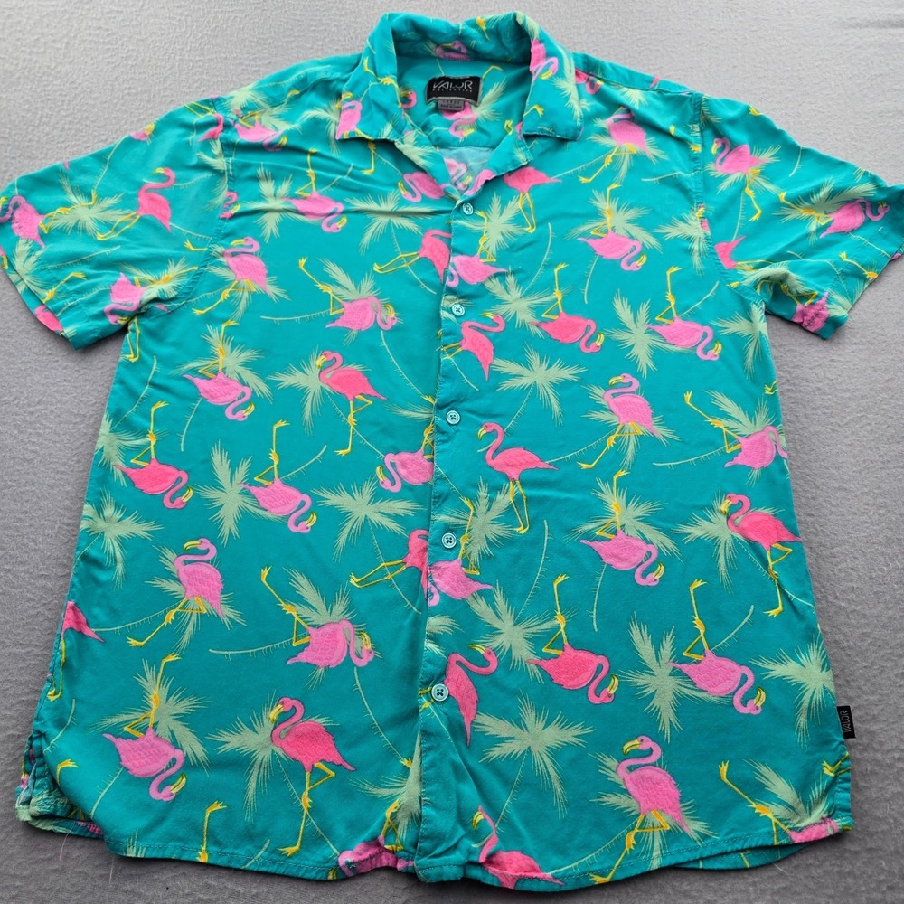 Valor Collective Hawaiian Shirt Mens L Green Pink Flamingo Tropical Rayon Beach